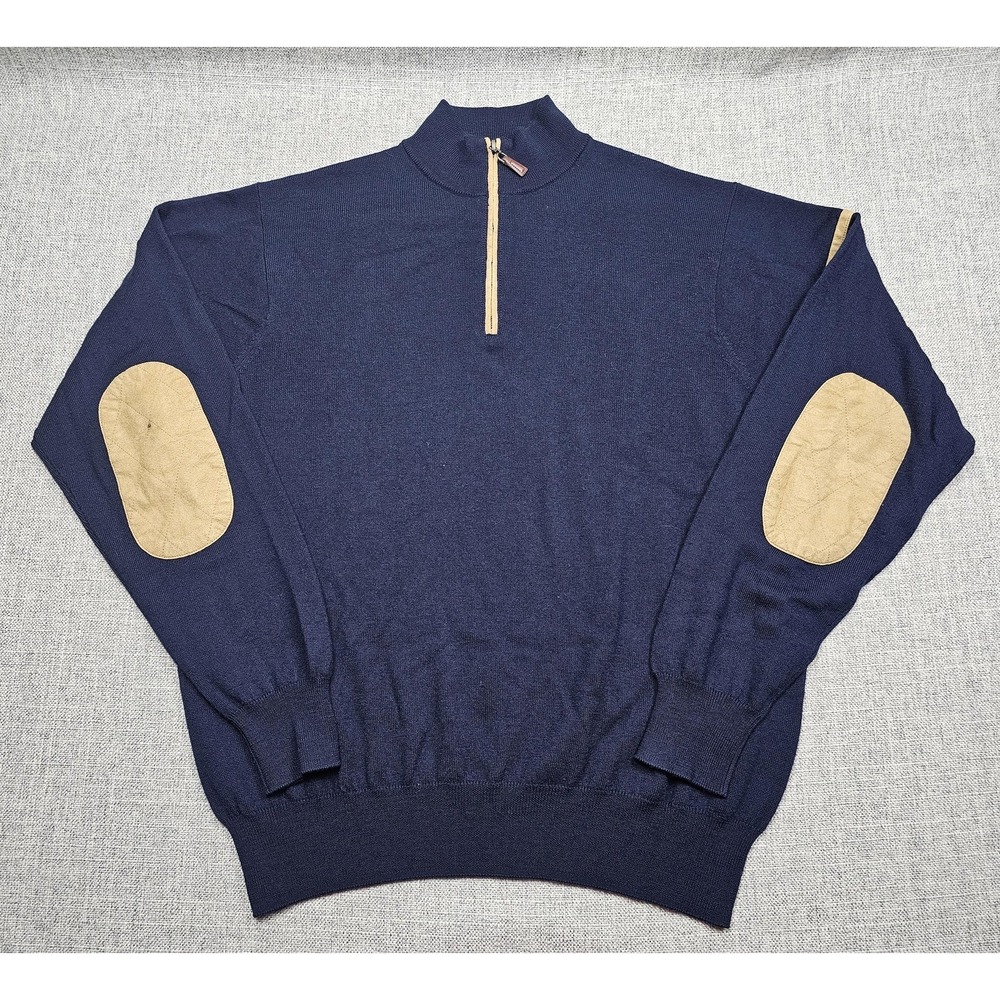Peter Millar Sweater Mens Large Blue‎ Quarter Zip Wool Elbow Patches Mock Neck
